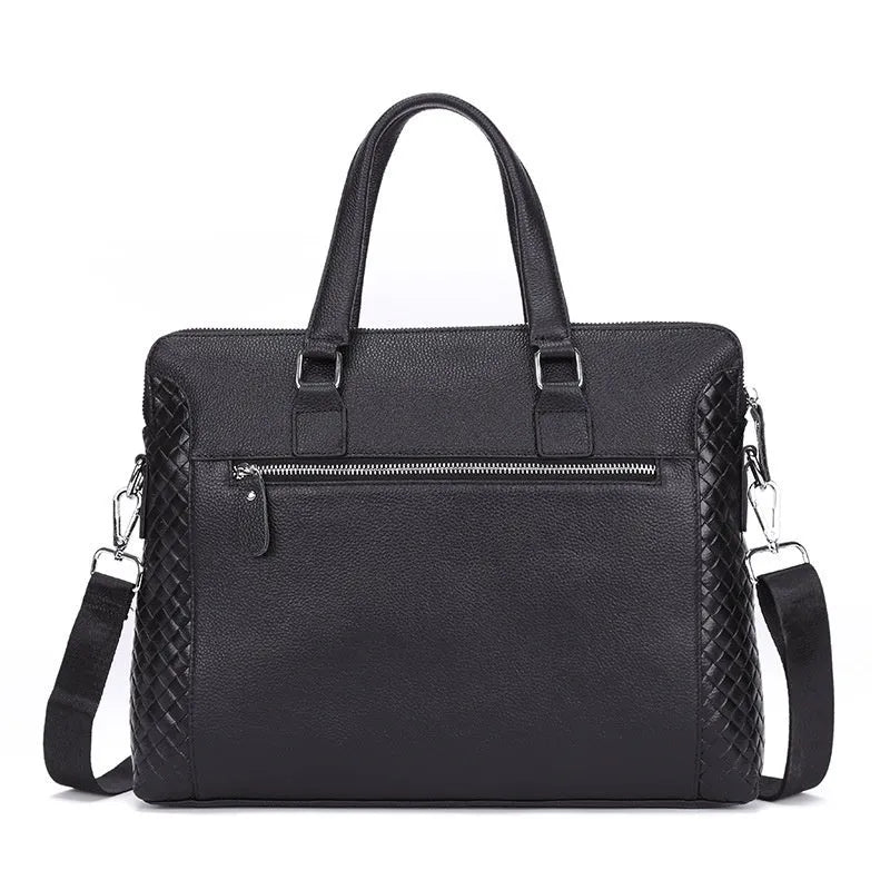 Black genuine leather men's briefcase with embossed weave pattern, horizontal shape, and soft handle for 14-inch laptop