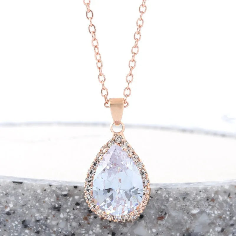Women's rose gold water drop rhinestone necklace with geometric design and artificial gemstone inlay