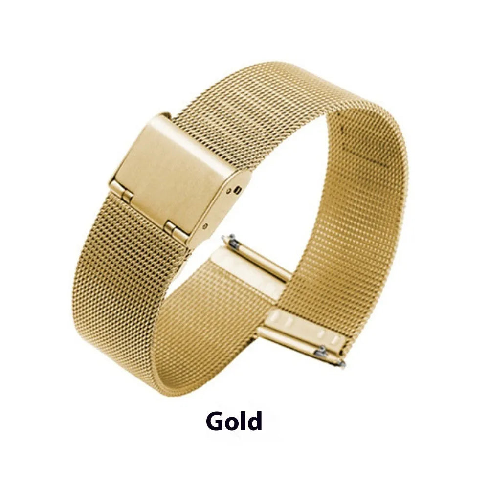 Milani silk woven stainless steel watch band replacement strap with metal clasp in silver, black, rose gold, and gold.