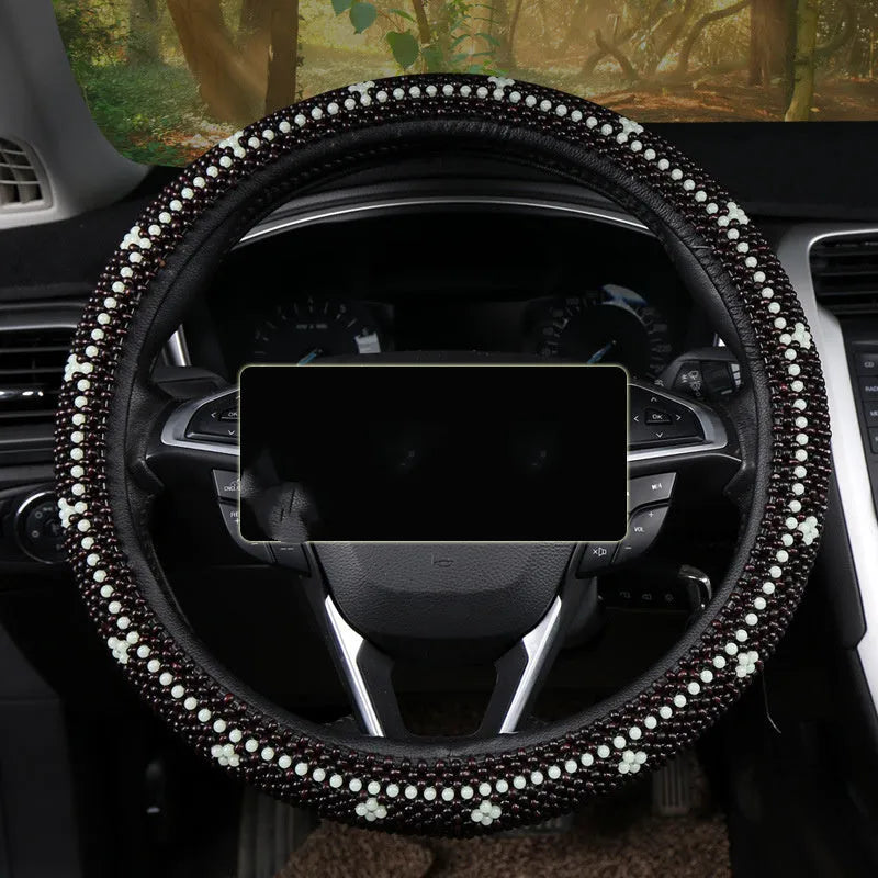 Small card light wooden bead steering wheel cover for 38cm wheels in black colour option