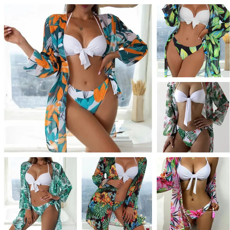 Women's three-piece mesh split bikini swimsuit in polyester fabric with top, pants and coat