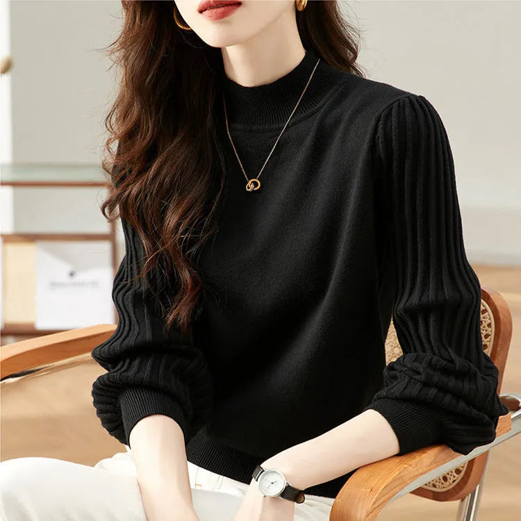 Slimming half turtleneck bottoming shirt with sunken stripe pattern in apricot colour