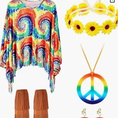 Colourful tie dye cloak Halloween costume with bell sleeves in spandex fabric