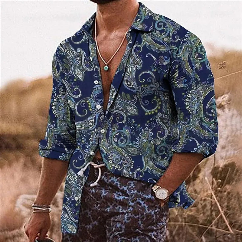 Men's loose fit long sleeve shirt with a colourful 3D floral digital print pattern.