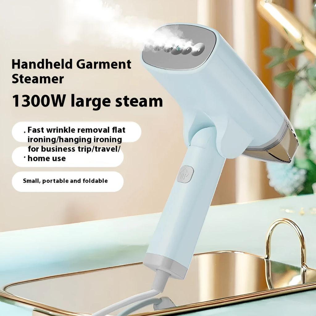 Blue and white handheld garment steamer unit showing compact design with water tank and steam nozzle