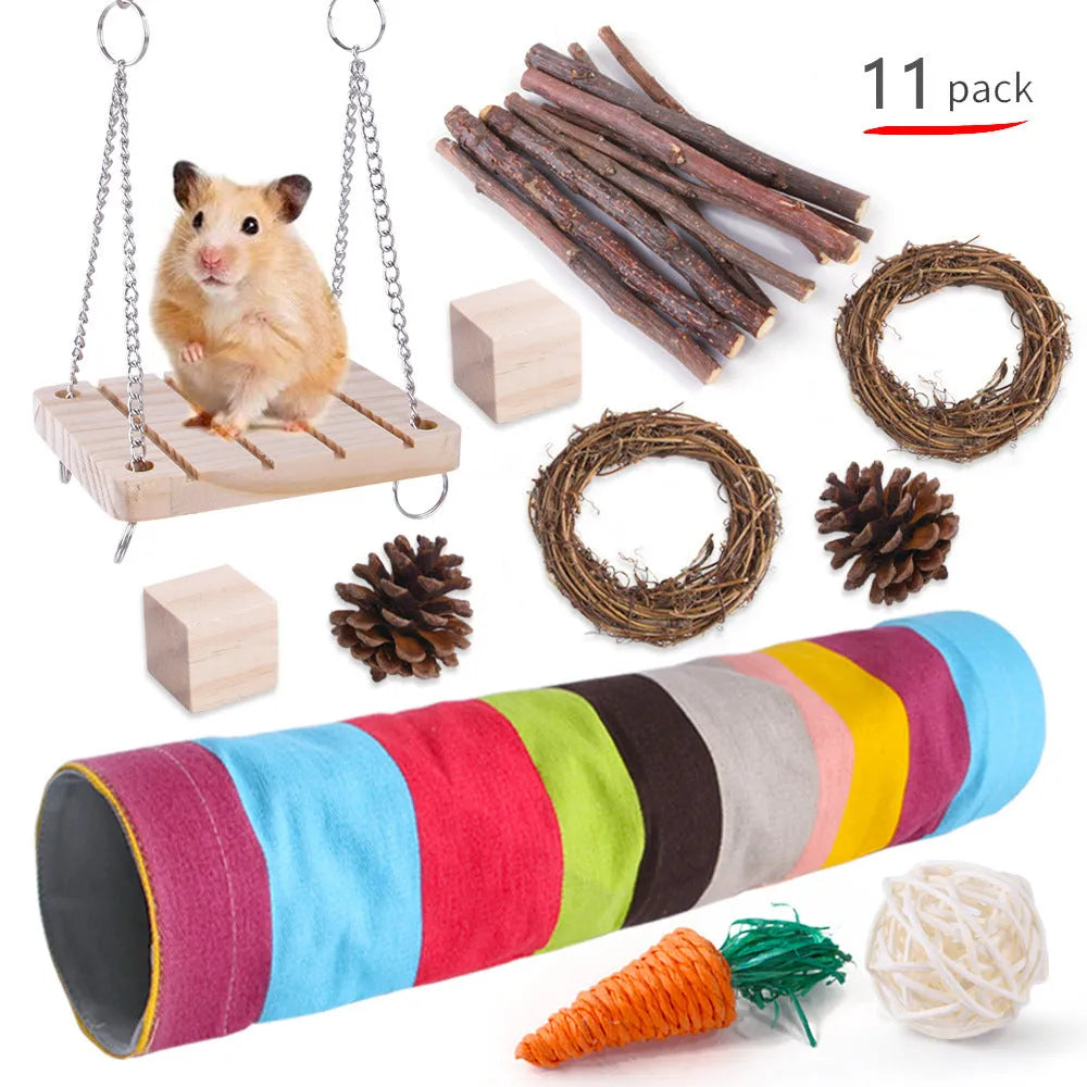Assorted wooden chew toys for small pets including balls and mats on a natural background