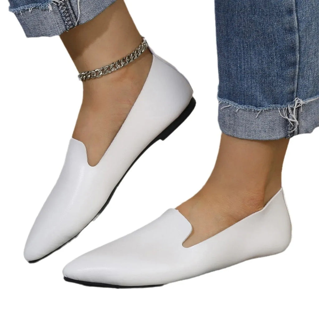 Women's leather flat bottom pumps low-cut low heel pointed toe solid colour black white sizes 36-45