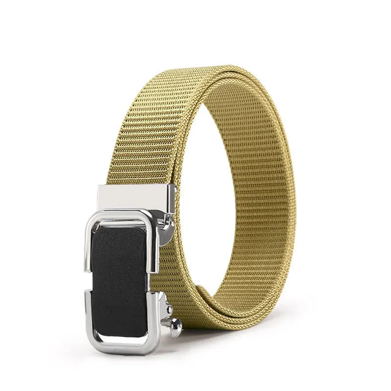 Men's nylon canvas belt with toothless alloy buckle shown in multiple colour options.