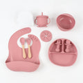 Silicone baby food snack catcher bib tableware set in nine colours including dark pink, light blue, army green, beige, and purple