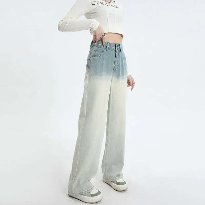 Gradient blue women's straight-leg trousers with wide-leg design and cotton composition