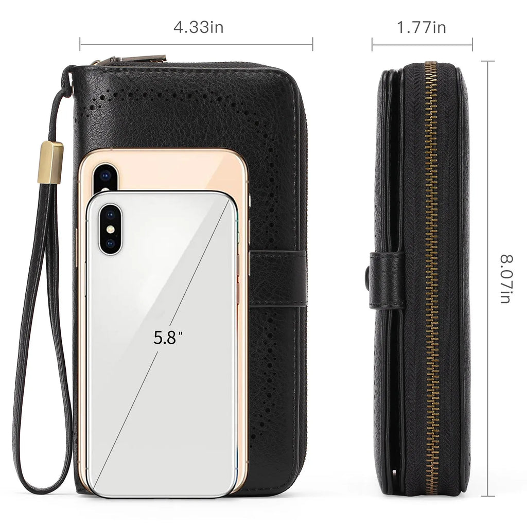 Women's long expanding card holder wallet in synthetic leather with anti-theft swiping feature