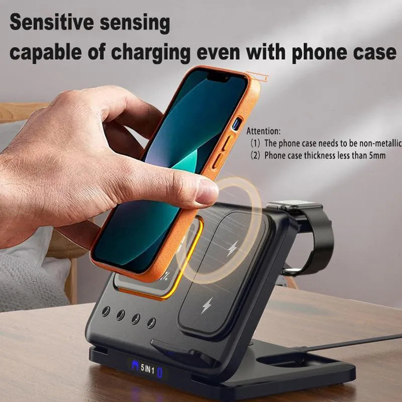 Black and white wireless charging station with LED digital display showing time temperature humidity