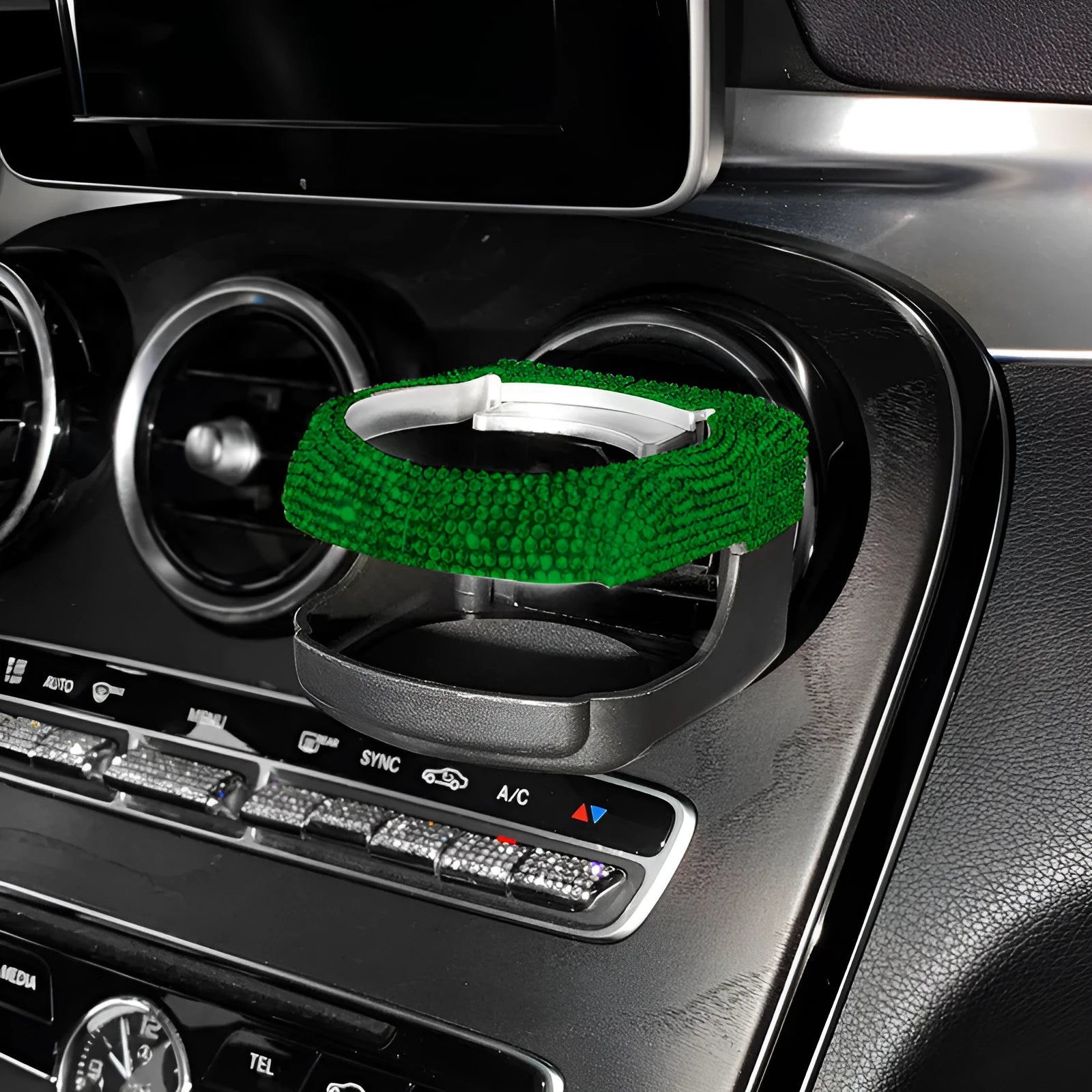 Diamond decorated car air vent mounted cup holder in choice of seven colours