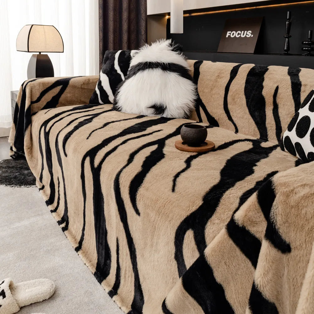 Zebra pattern flannel sofa cover on furniture in caramel colour with matching pillowcase