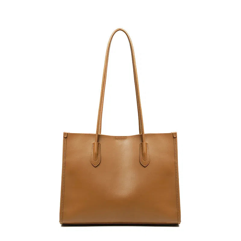 Women's new commuter large capacity genuine leather tote bag in golden brown with double straps and horizontal square shape