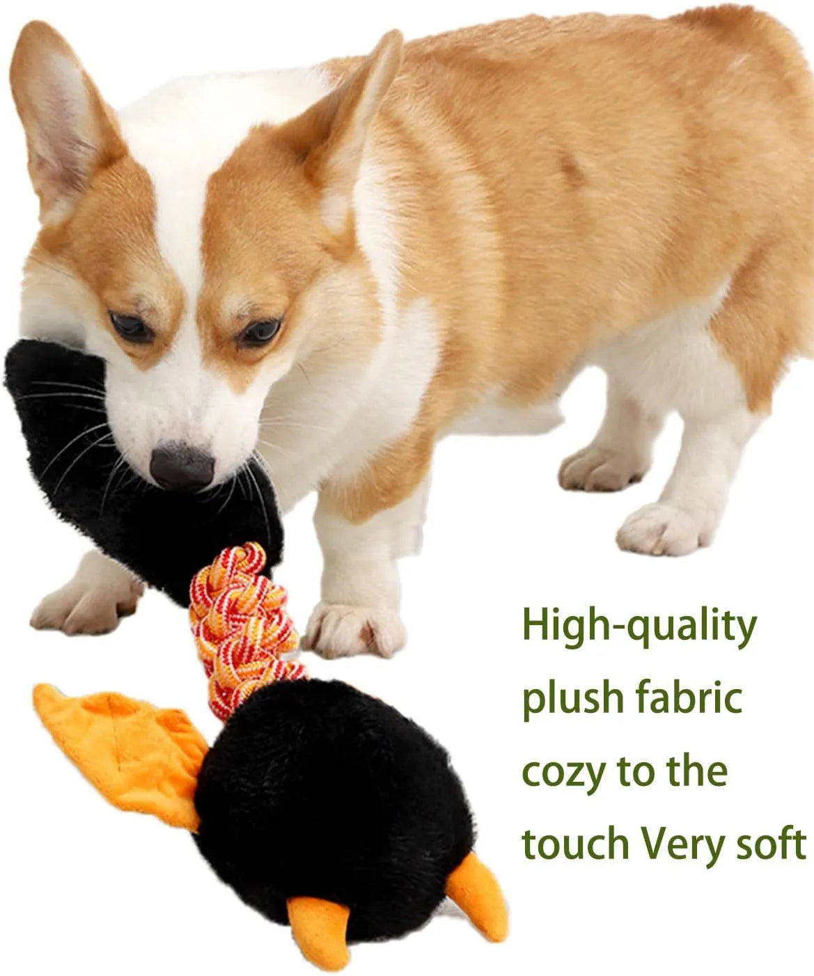 Large black plush dog toy with rope knot, shown next to a red and green version.