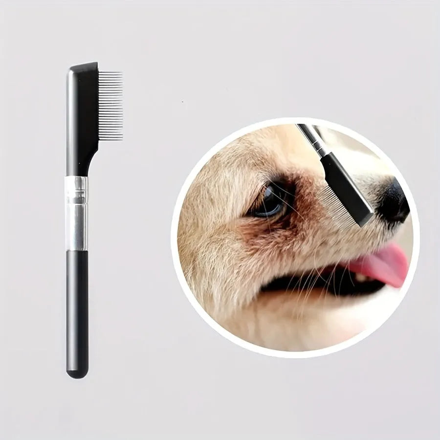 Black pet grooming brush with soft bristles and comb for dogs and cats tear stain removal