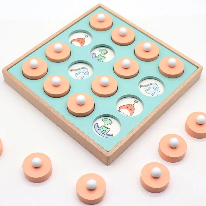 Children's wooden pattern memory chess board with colourful pieces for cognitive training