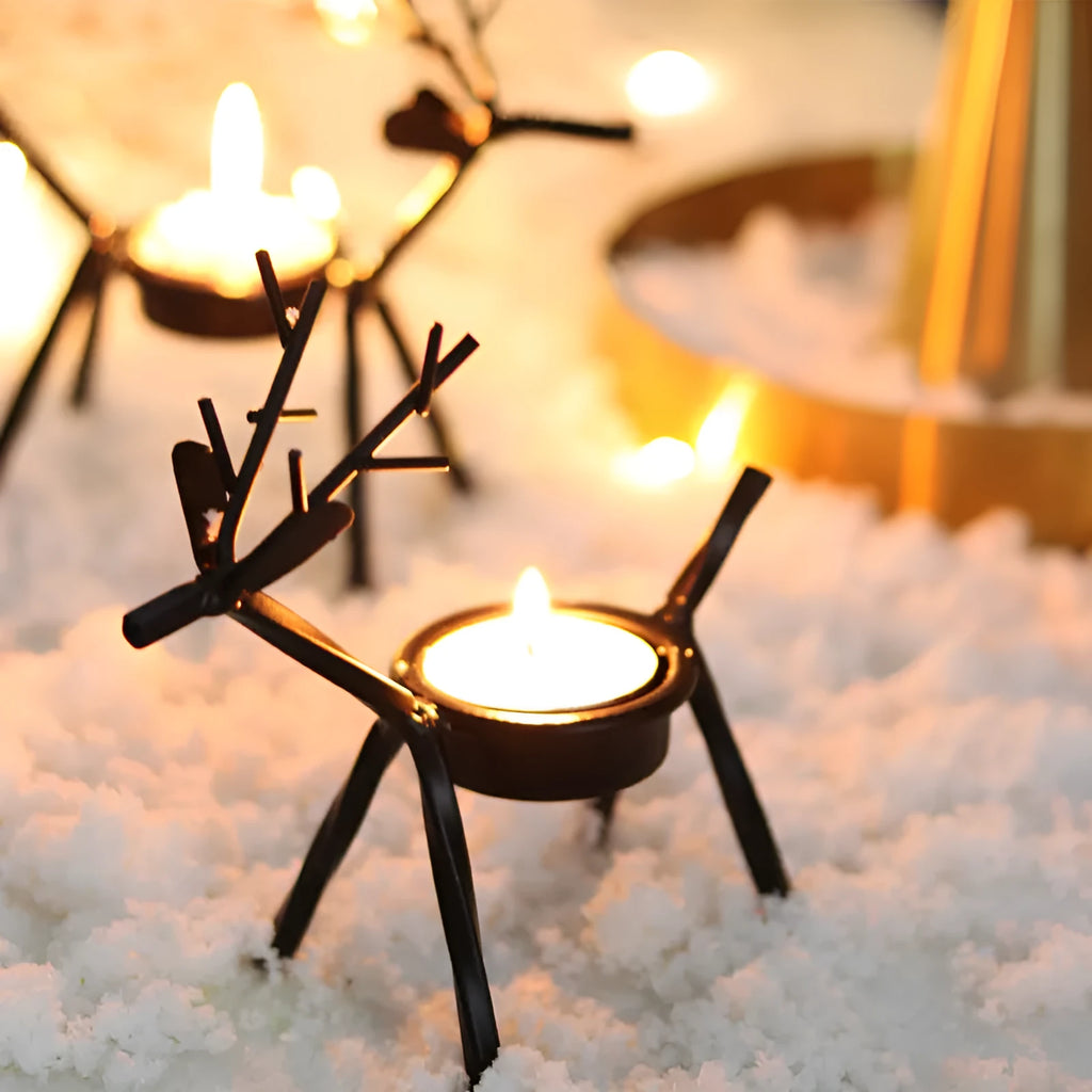 Black iron deer Christmas candlestick holder with elk bracket design and fabric accents