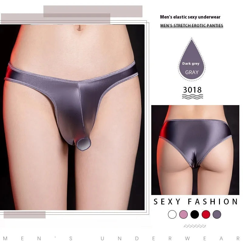 Men's shiny nylon low waist T-back underwear on white background