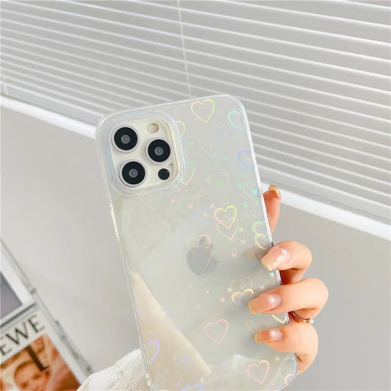 Transparent silicone iPhone case with laser butterfly pattern showing phone compatibility