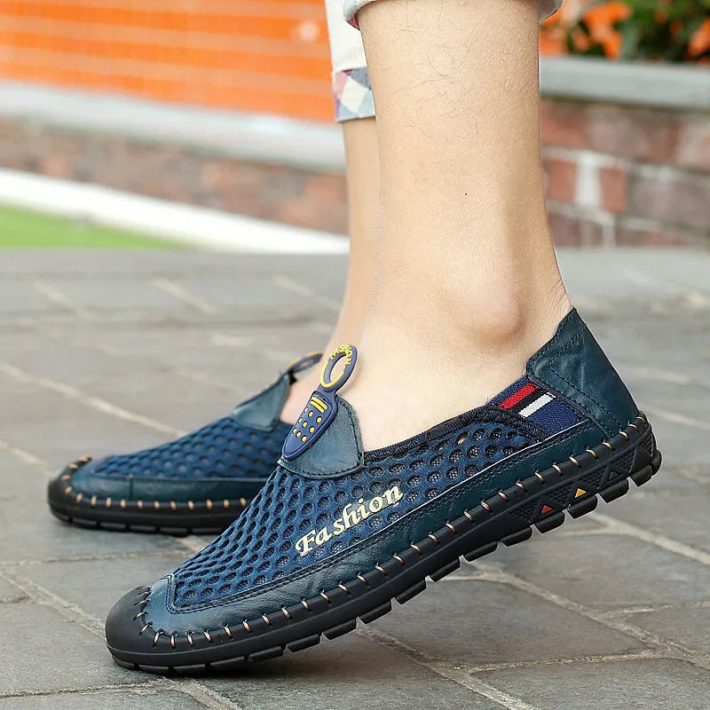 Men's brown breathable mesh casual shoes with round toe and rubber sole on a white background.