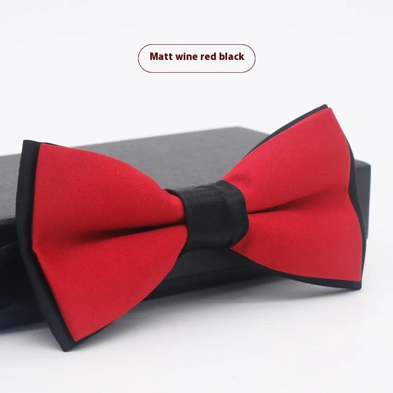 Men's flat head style polyester bow tie in a solid colour, shown with adjustable neck strap.