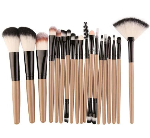 18-piece makeup brush set with fan-shaped tools in multiple styles for professional and home makeup application