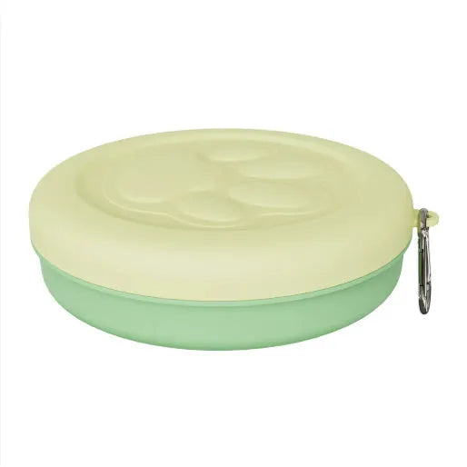 Collapsible silicone dog food bowl with separate snack box in green two-tone colour