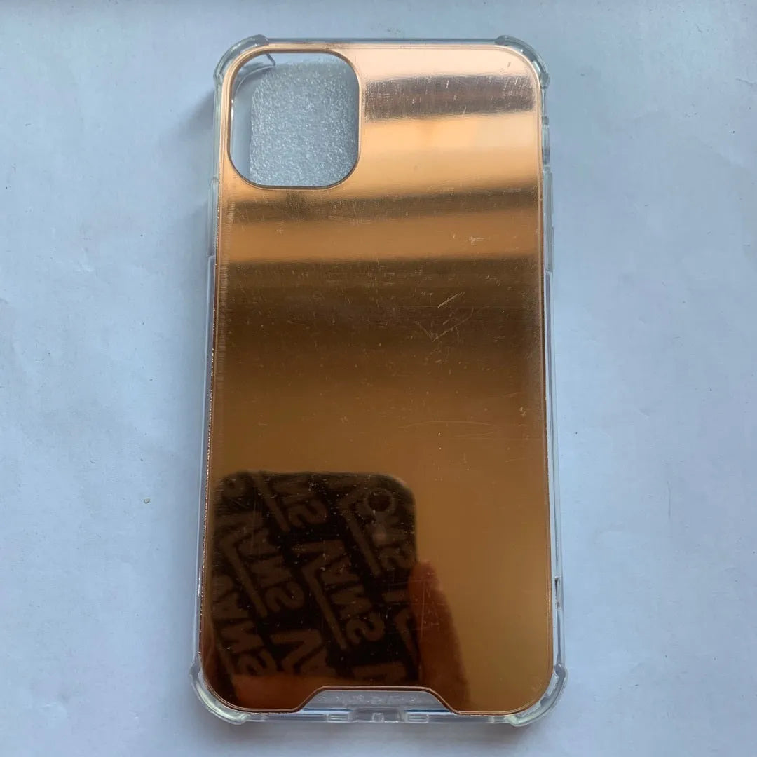 Reflective mirror phone case in soft TPU material available in multiple colours for various iPhone models showing back and side view