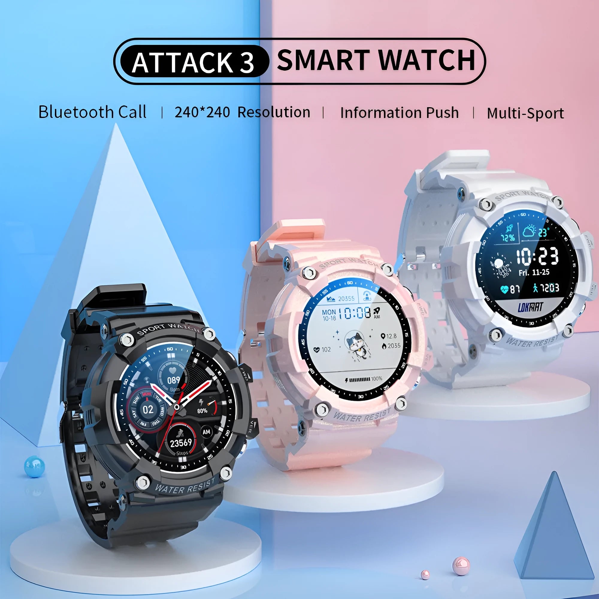 ATTACK 3 waterproof smart Bluetooth sports watch with round colour screen and TPU strap