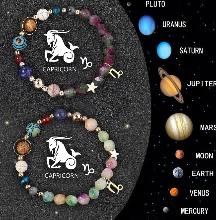 Set of two adjustable natural stone beaded bracelets showing different zodiac sign designs.