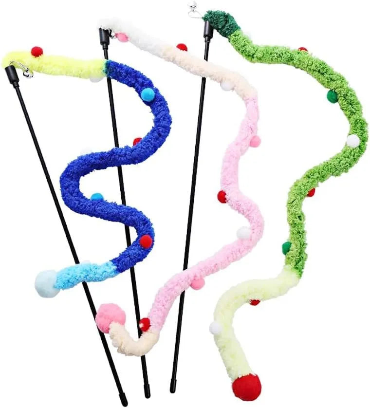 Cat wand toy with plush strip and colourful balls with bells for interactive feline play