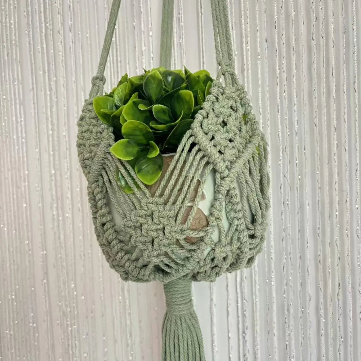 Hand-woven brown polyester cotton flower pot with net pocket extension cord for indoor plants