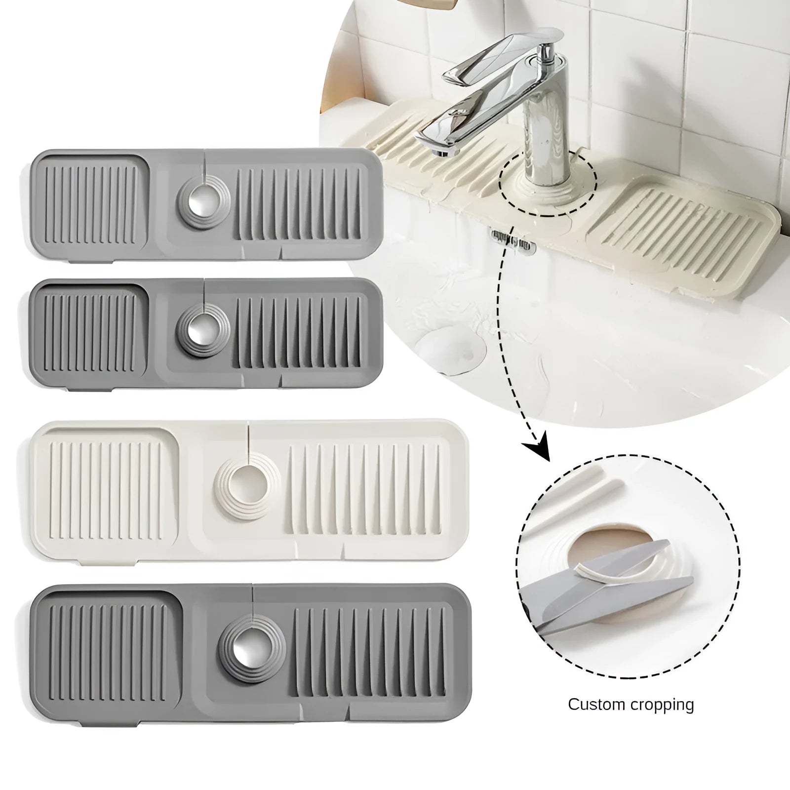 Silicone faucet splash guard pad in sloped design with drain channels on kitchen sink