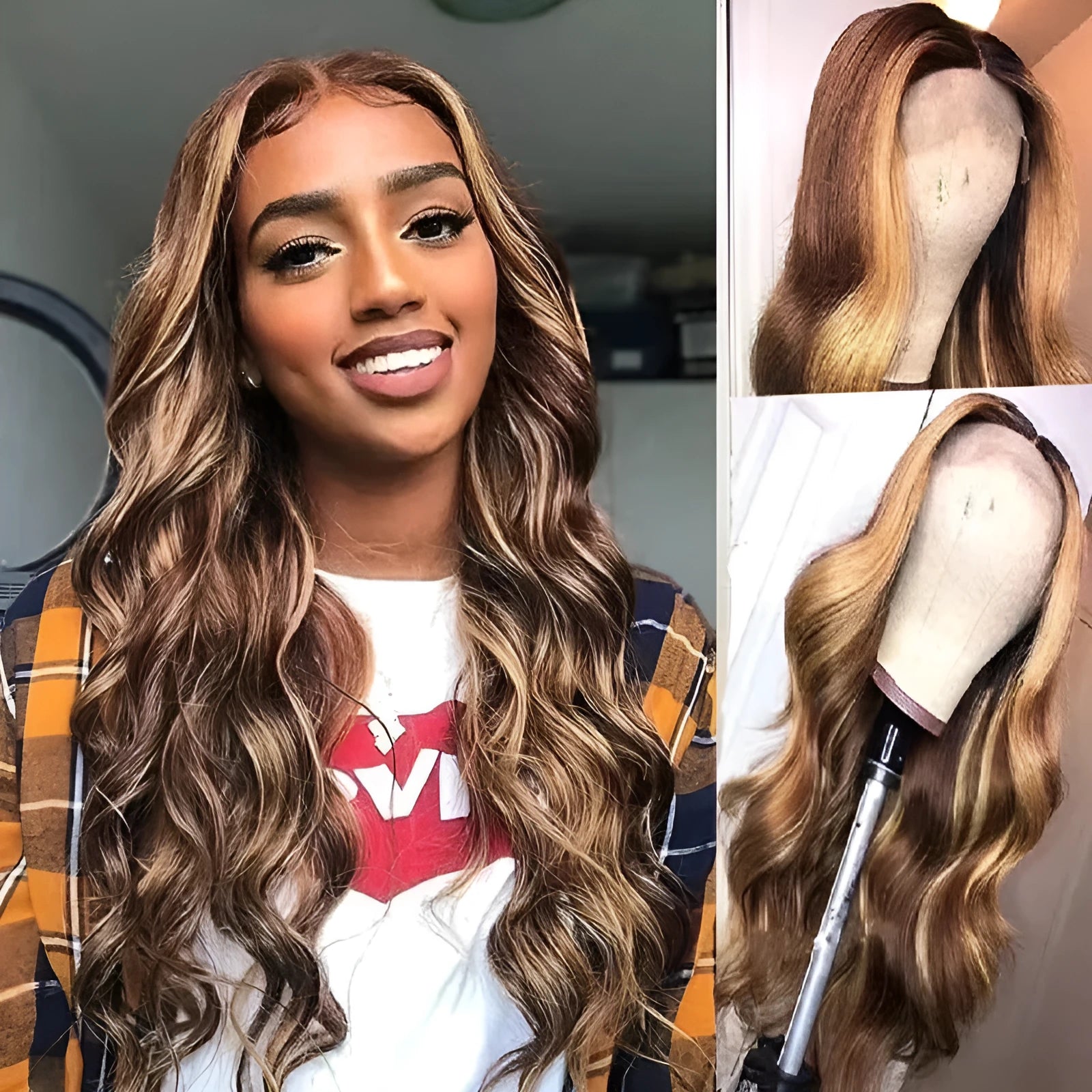 Front lace wig with African black gradient colour in big wave style on mannequin