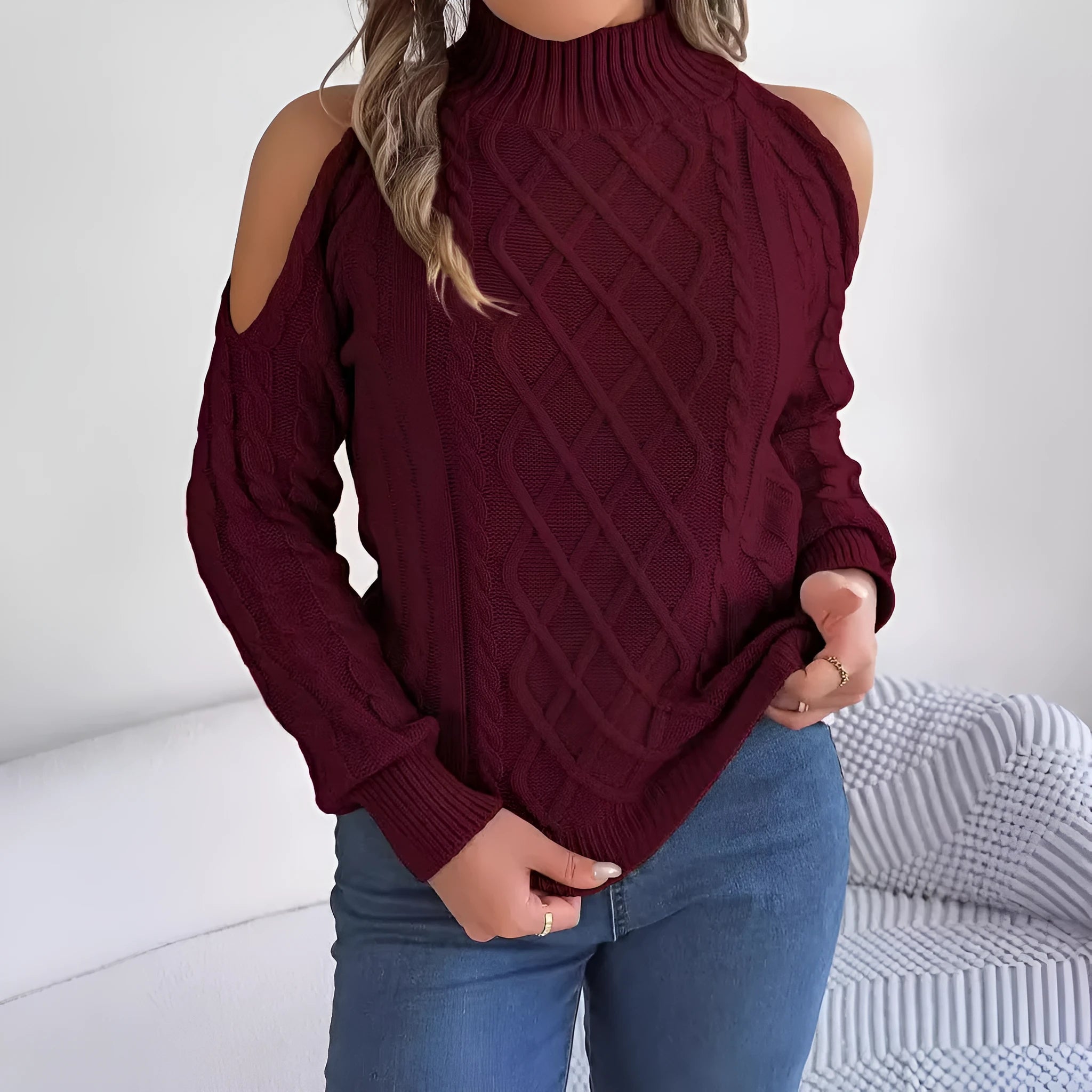 Women's strapless sweater with twisted pattern, half-high collar and lantern sleeves in acrylic fabric