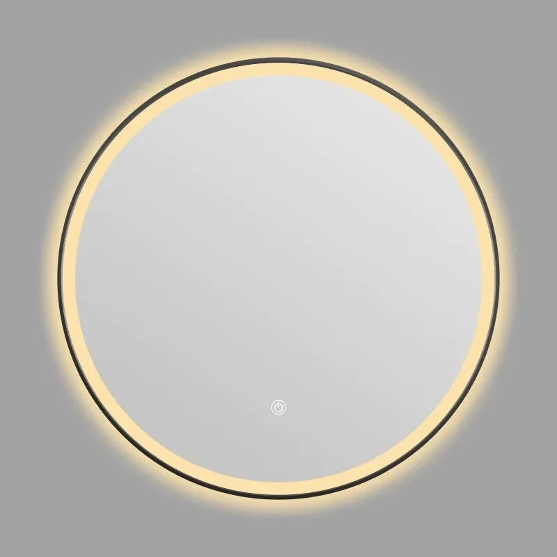 Round black aluminium frame LED bathroom mirror mounted on wall with touch control.