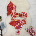 Women's pink one-shoulder ruffled swimsuit with red flowers and high-waist bikini briefs