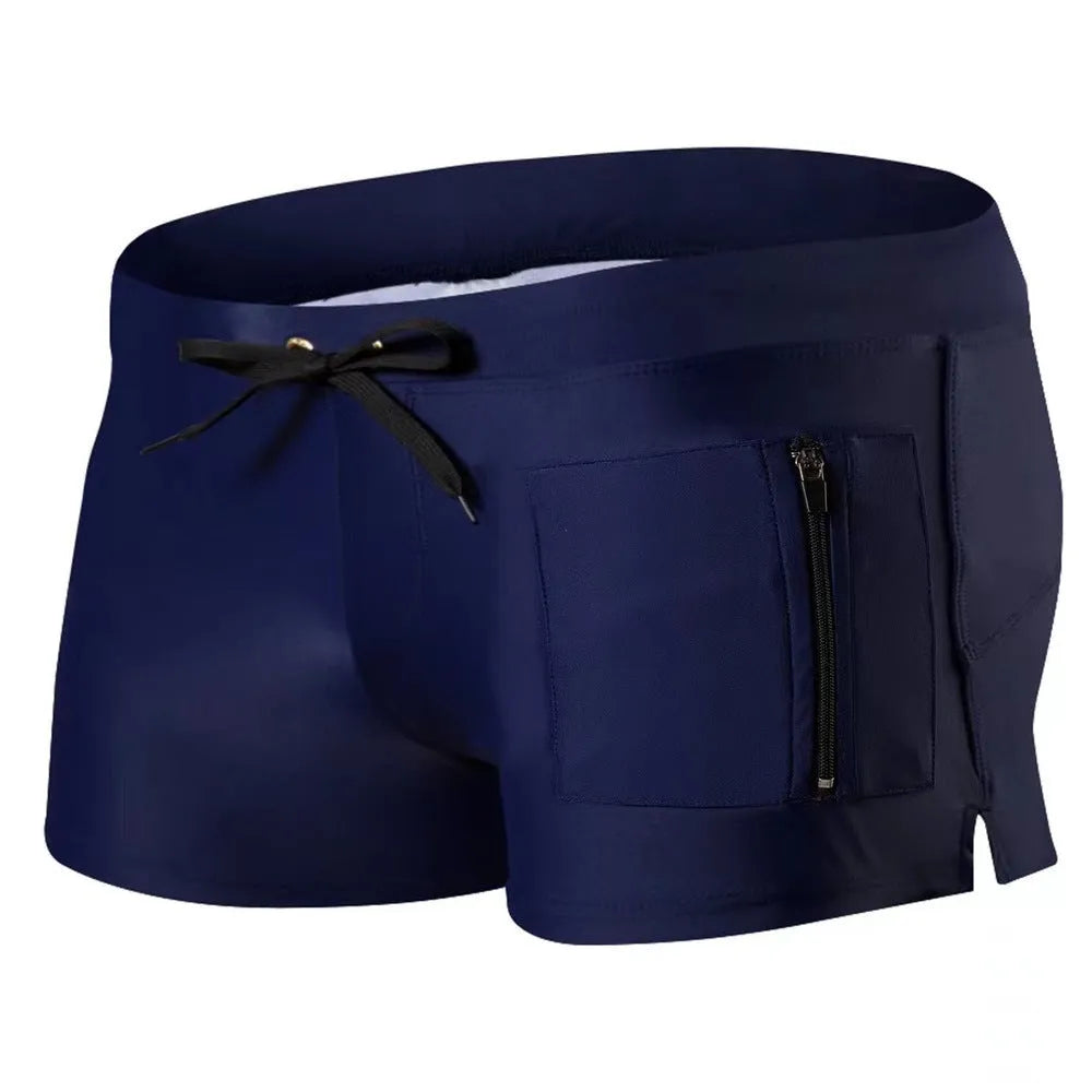 Men's black high waist swimming trunks with lace-up front in brief style