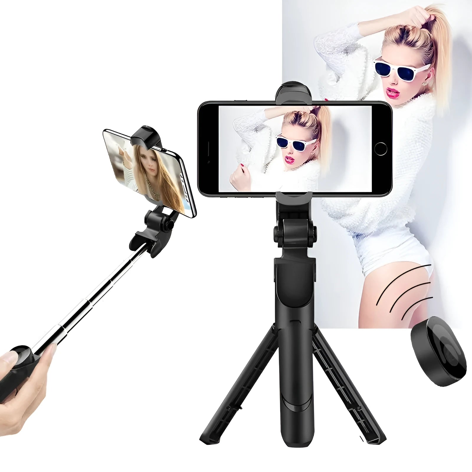 Bluetooth handheld selfie stick in black with extended arm and smartphone holder, remote control support