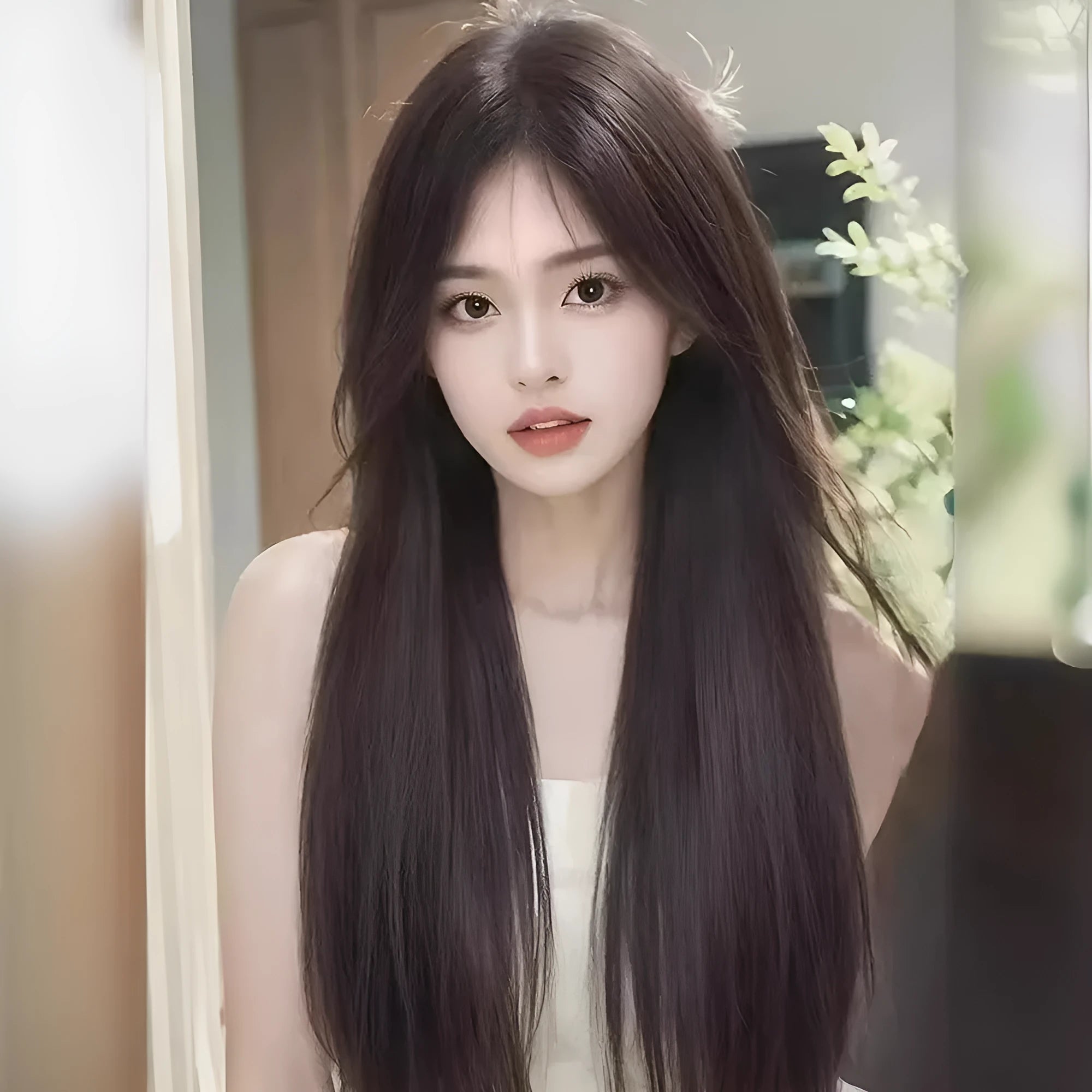 Forehead lace black long straight full-head wig with side bangs in high temperature fibre material