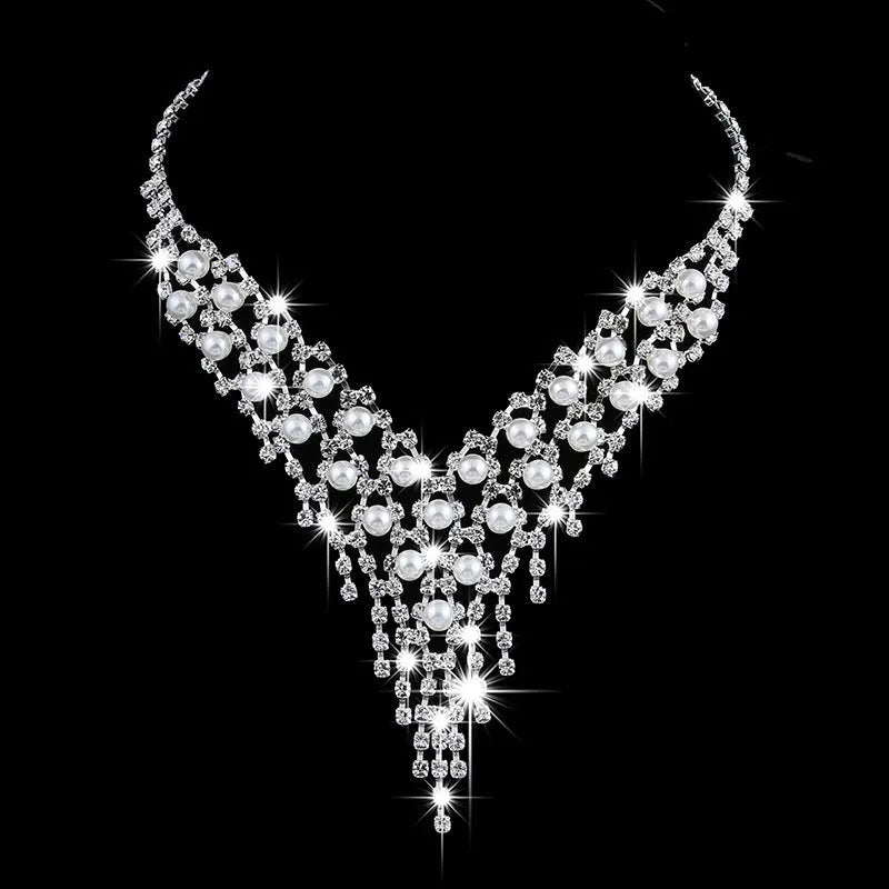 Fashion OL bridal jewelry set with pearl rhinestone necklace and claw chain earrings style 465