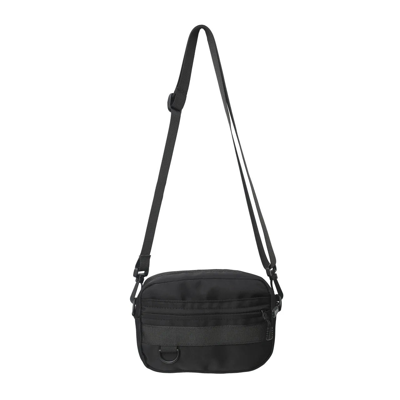 Men's black nylon crossbody messenger bag with sewing thread detail showing front view.