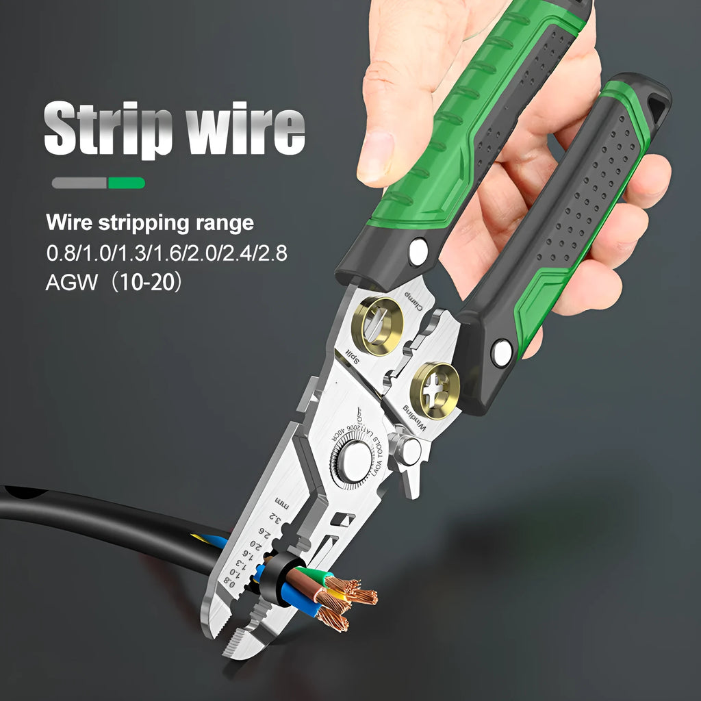 Stainless steel multifunctional wire stripper tool with seven different sized ports and two-colour handle