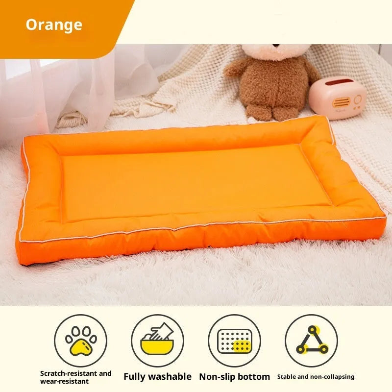 Breathable Oxford cloth kennel pad for dogs in orange, blue, gray, and dark green, available in sizes S to XXL