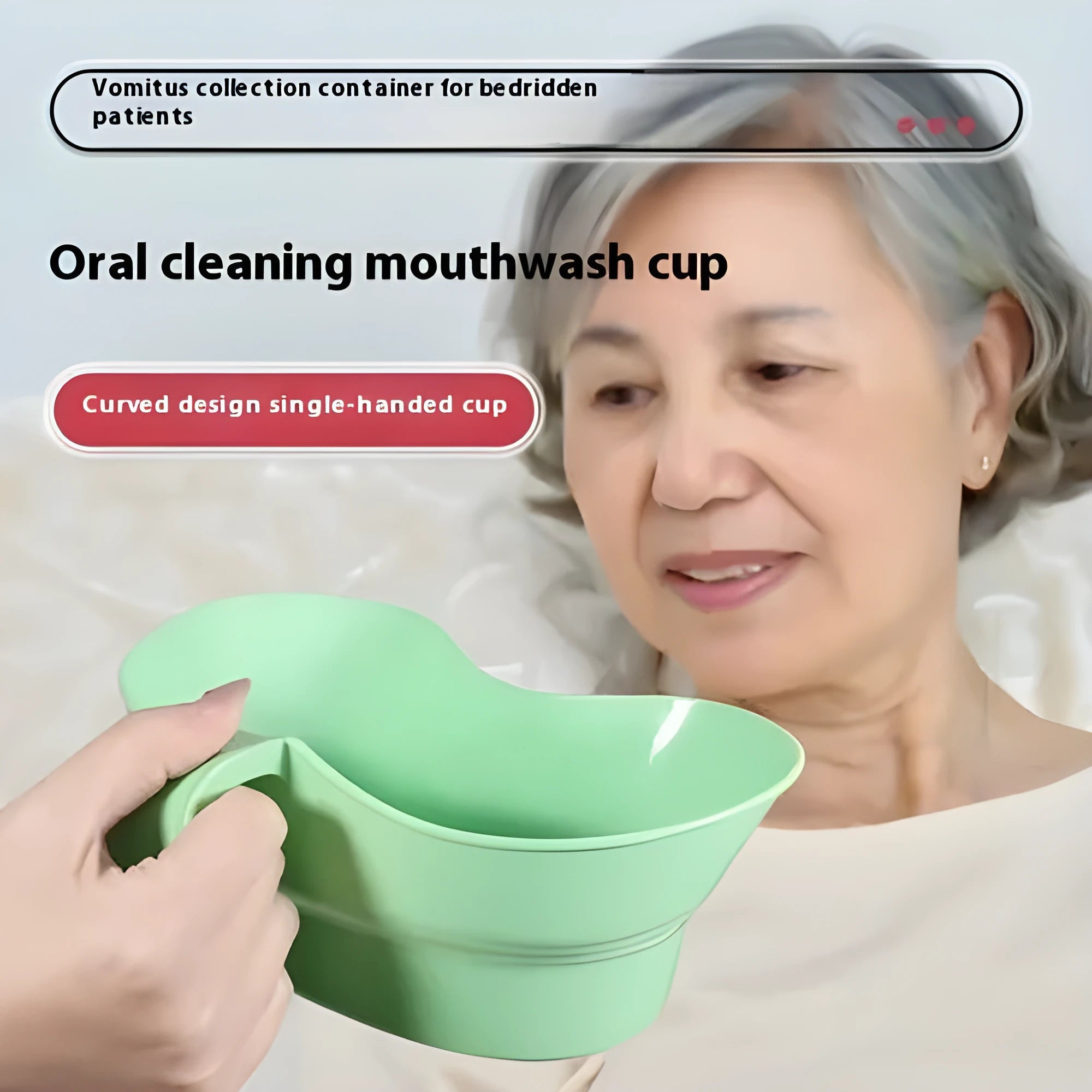 Green plastic nursing cup with an angled spout for bedridden patient drinking.