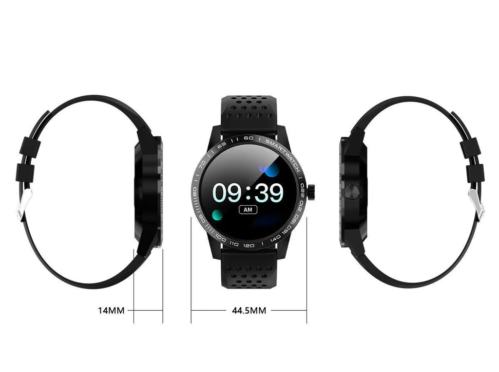 Black smart bracelet with colour screen displaying heart rate and step count data