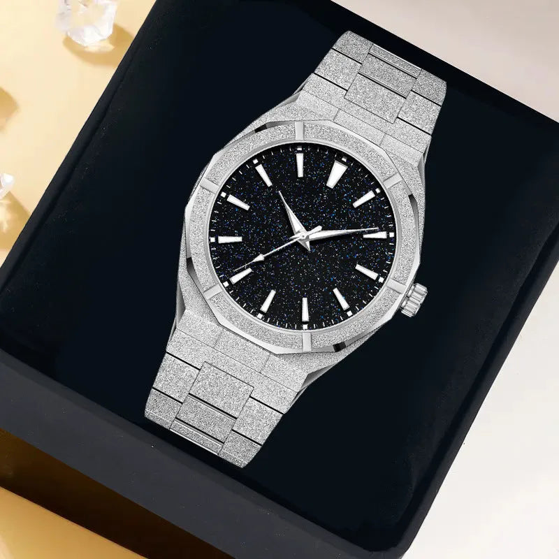 Stainless steel business watch with frosted case and luminous markers in silver, gold or black