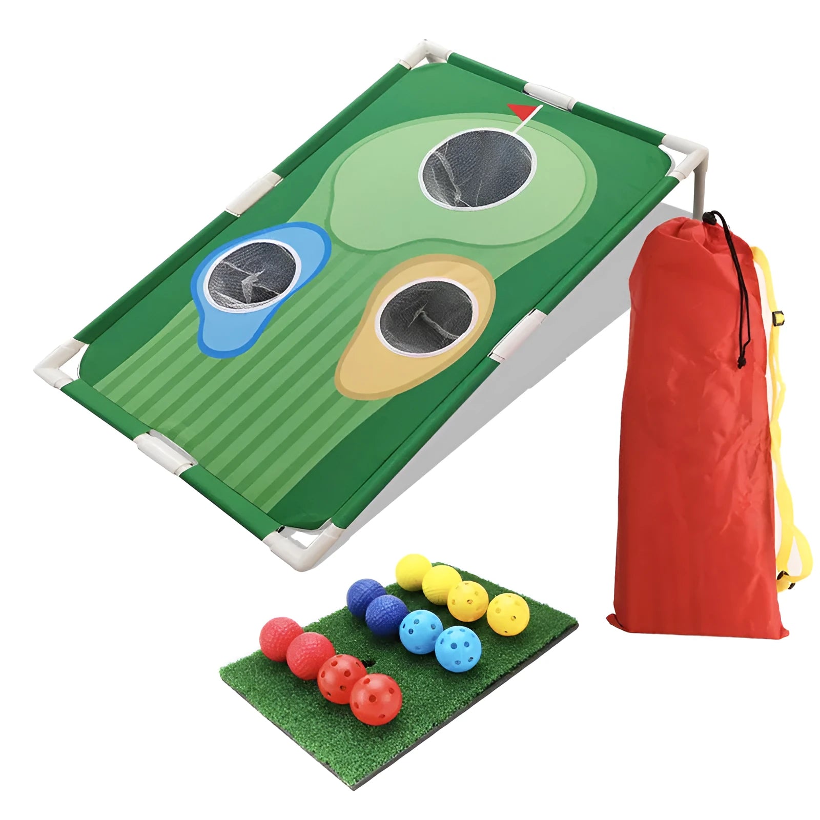 Green 90x60cm golf swing practice net with PVC frame and oxford cloth cover on grass, with straw mat and balls